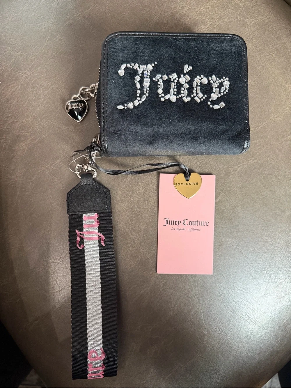 Juicy Couture Black Velour Crystal Logo Card Holder with Strap